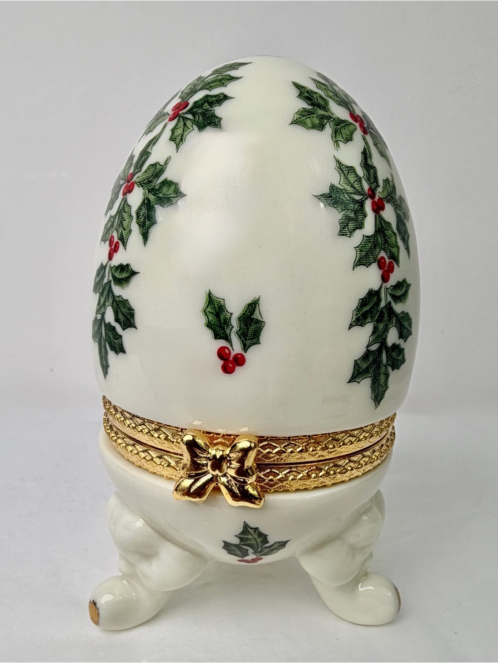 Vintage Holly Design Egg Trinket Box: Footed Porcelain Ring Holder Formalities